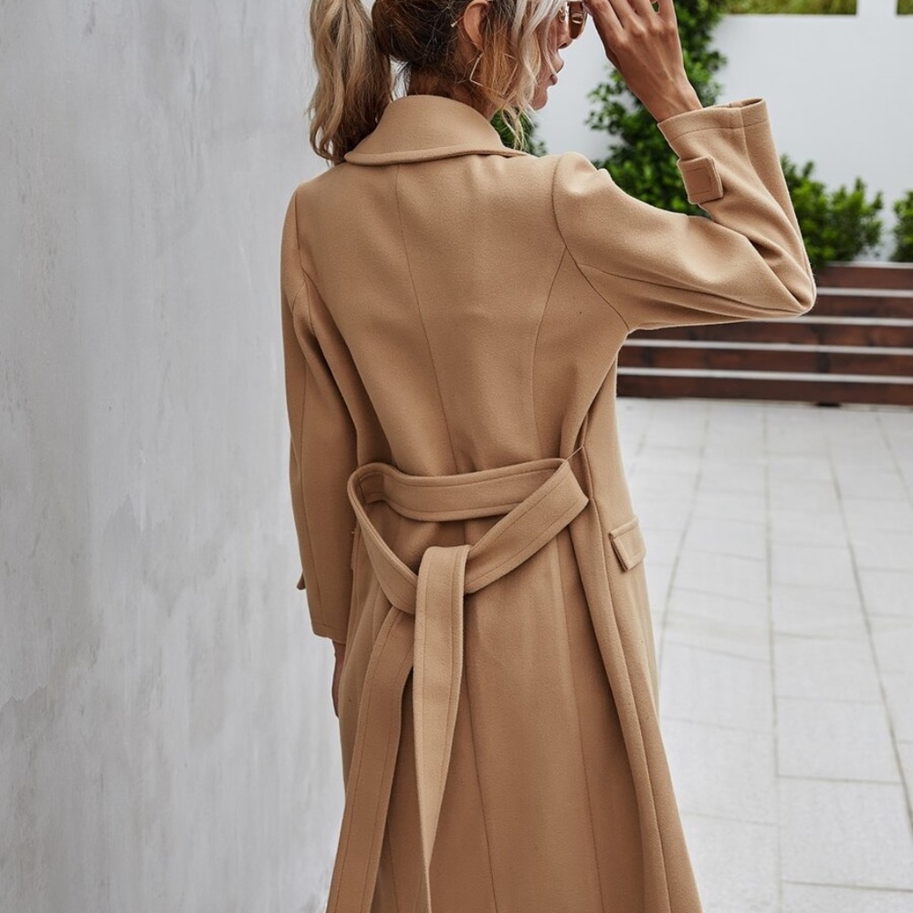 Camel Trench Coat Double Breast Buttons Work - Picture 4 of 6